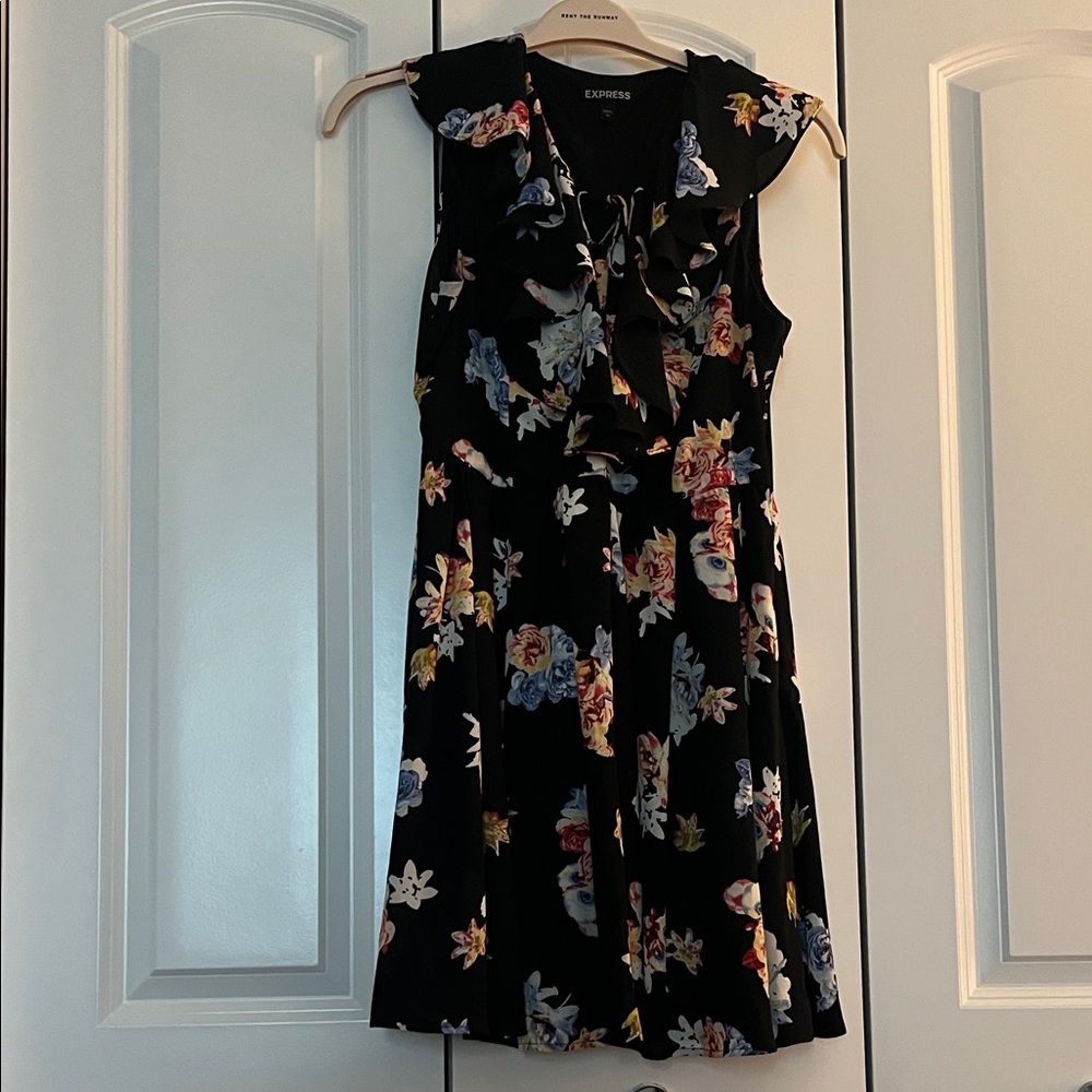 Express Black Floral Ruffle-Neck Sleeveless Mini Dress